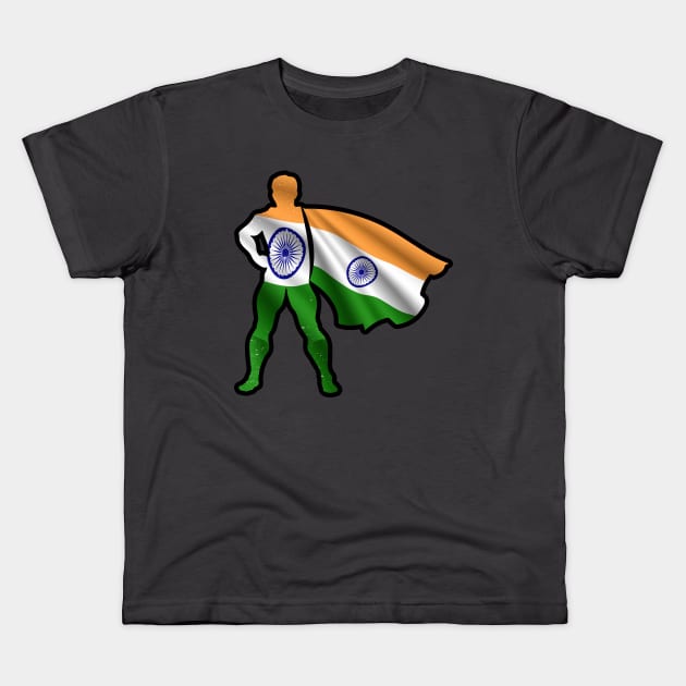 Indian Hero Wearing Cape of India Flag Brave, Hope and Pray For India Kids T-Shirt by Mochabonk